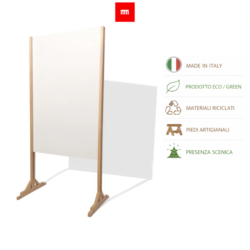 Pannello espositivo autoportante in legno cartonato alveolare, venature a vista e struttura in legno chiaro, design artigianale italiano. 