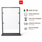 Scegli l'eccellenza con il nostro espositore autoportante bifacciale. Struttura imponente in metallo, design minimal luxury e qualità garantita Made in Italy. Ideale per showroom e negozi di alto livello.