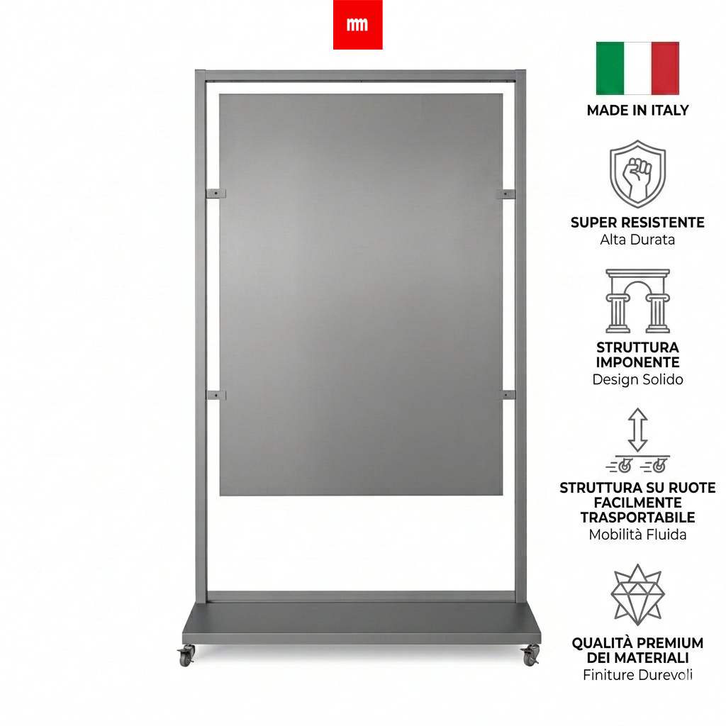 Scegli l'eccellenza con il nostro espositore autoportante bifacciale. Struttura imponente in metallo, design minimal luxury e qualità garantita Made in Italy. Ideale per showroom e negozi di alto livello. su ruote