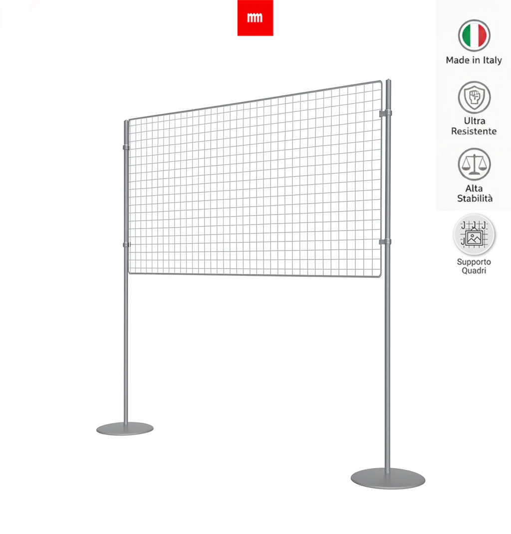 Griglia espositiva autoportante con piantane, ideale per appendere quadri, ganci e pannelli, struttura stabile in metallo.