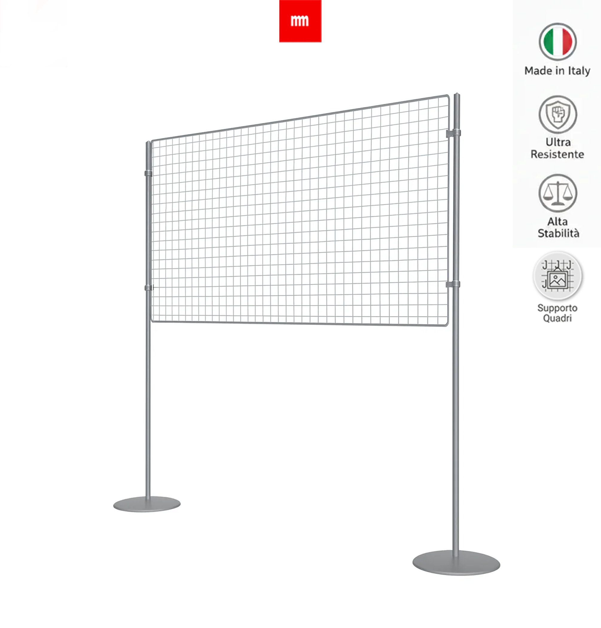 Griglia espositiva autoportante con piantane, ideale per appendere quadri, ganci e pannelli, struttura stabile in metallo.