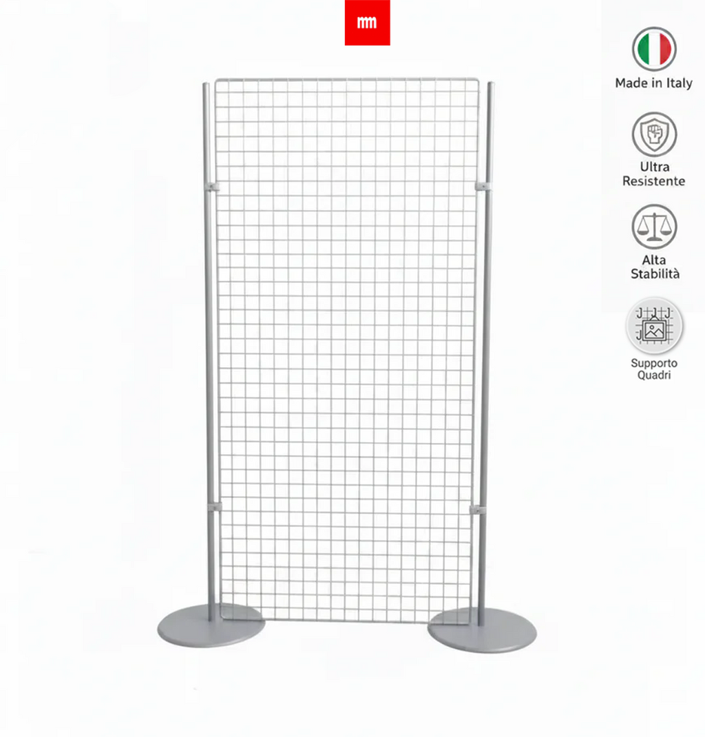 Griglia espositiva autoportante con piantane, ideale per appendere quadri, ganci e pannelli, struttura stabile in metallo.