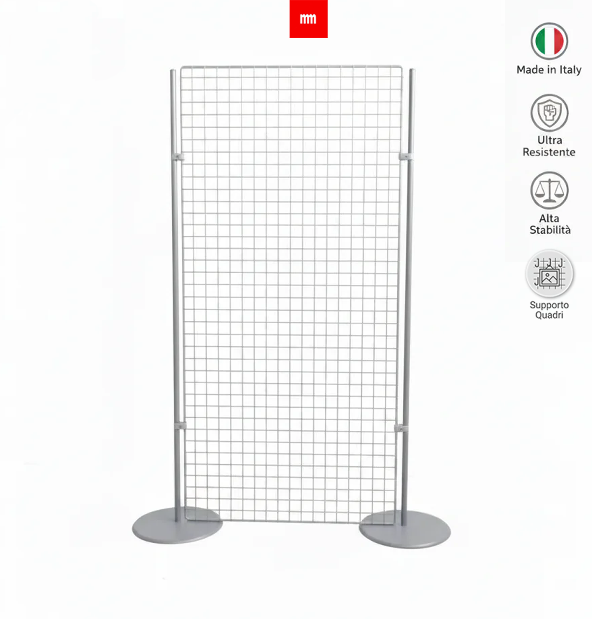 Griglia espositiva autoportante con piantane, ideale per appendere quadri, ganci e pannelli, struttura stabile in metallo.