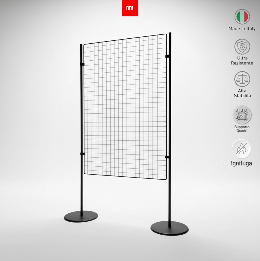 Griglia espositiva autoportante con piantane, ideale per appendere quadri, ganci e pannelli, struttura stabile in metallo.
