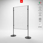 Griglia espositiva autoportante con piantane, ideale per appendere quadri, ganci e pannelli, struttura stabile in metallo.
