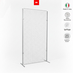 Griglia espositiva con piedi autoportanti, perfetta per mostre, fiere e negozi, compatibile con ganci per quadri.