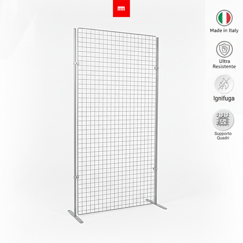 Griglia espositiva con piedi autoportanti, perfetta per mostre, fiere e negozi, compatibile con ganci per quadri.