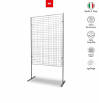 Griglia espositiva con piedi autoportanti, perfetta per mostre, fiere e negozi, compatibile con ganci per quadri.
