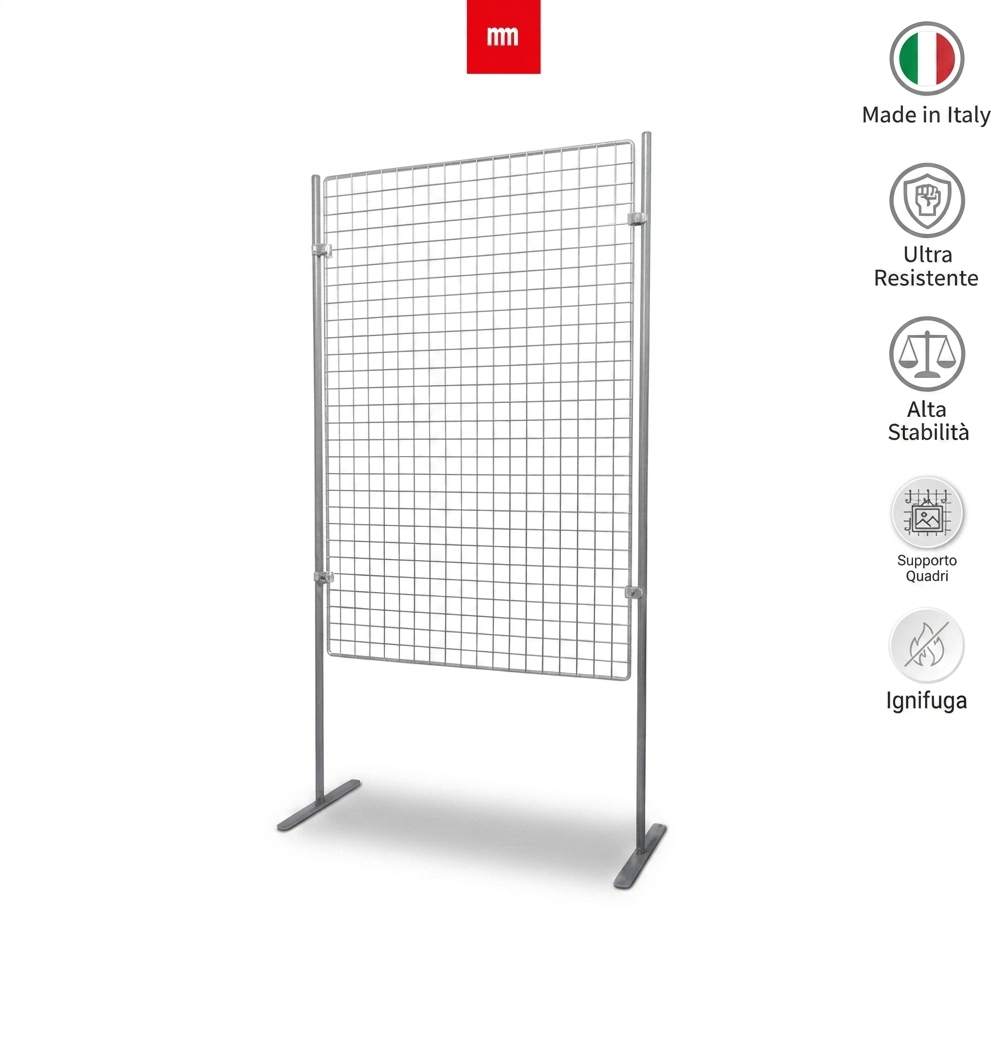 Griglia espositiva con piedi autoportanti, perfetta per mostre, fiere e negozi, compatibile con ganci per quadri.