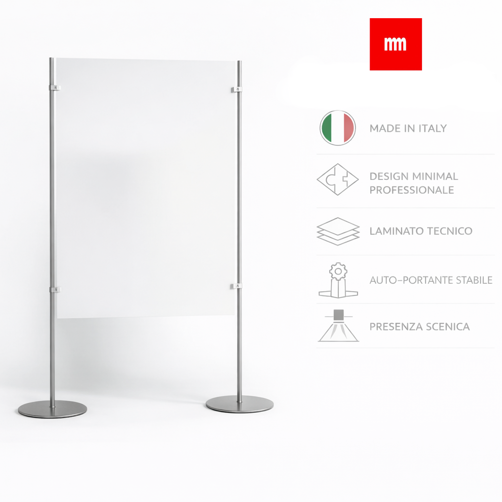 Pannello espositivo autoportante in laminato plastico con piantane tonde in acciaio, design minimal professionale Made in Italy, struttura stabile e presenza scenica.