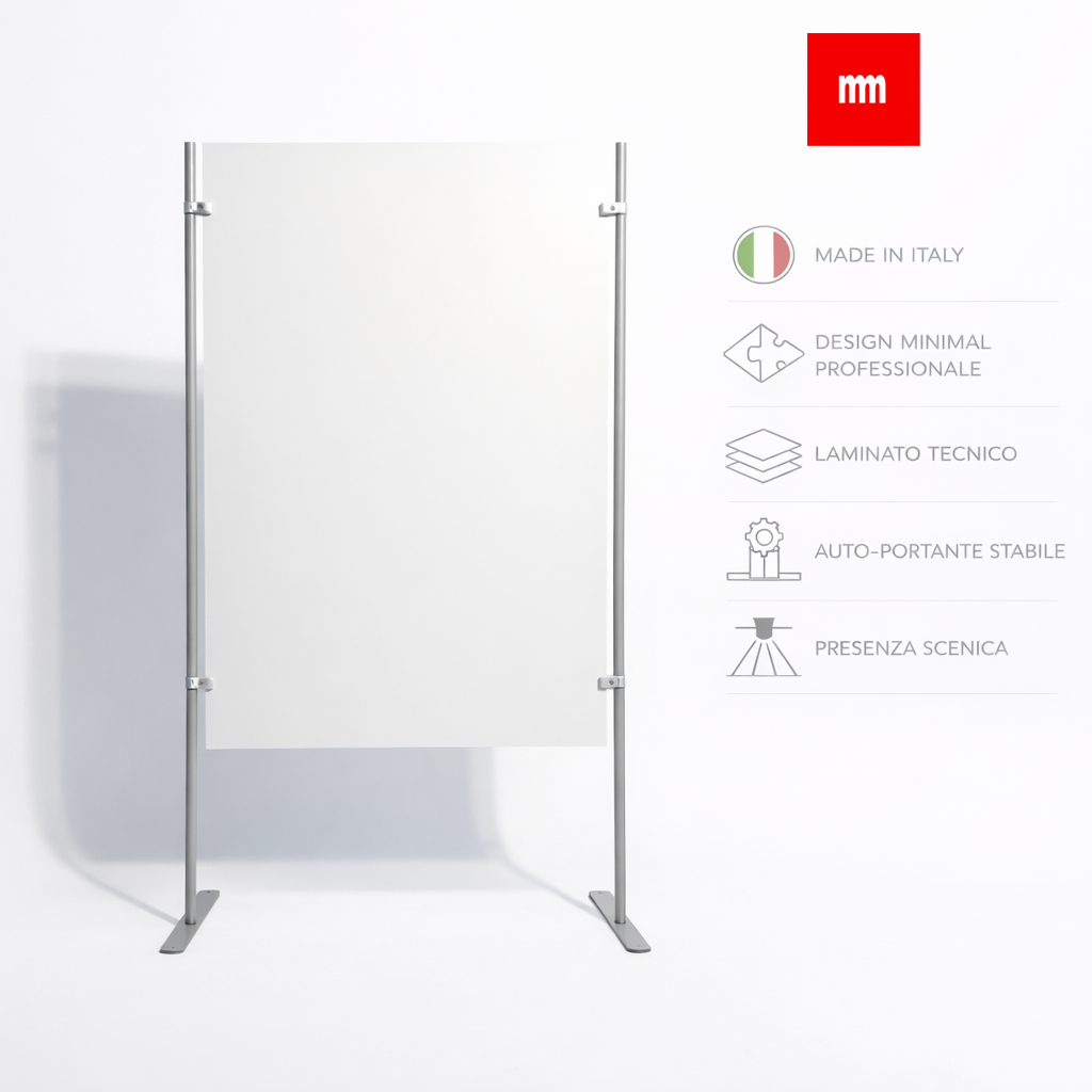 Pannello autoportante in laminato plastico con piedi rettangolari in metallo, design minimal professionale Made in Italy, laminato tecnico resistente e struttura stabile