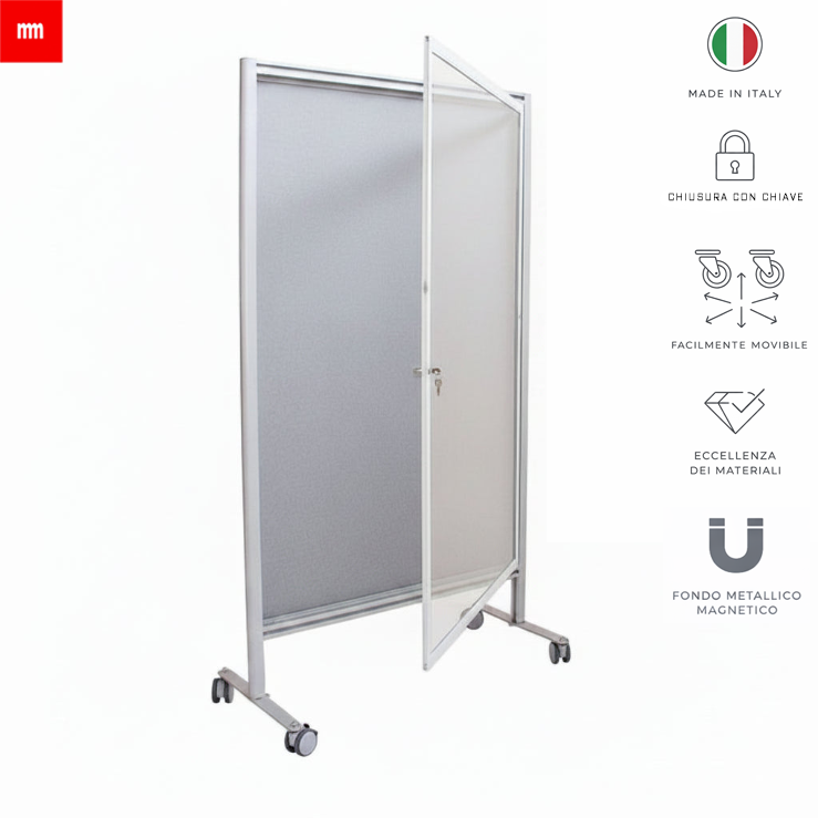 Pannello magnetico mobile con fondo metallico, porta trasparente e ruote, perfetto per ambienti professionali, produzione italiana.