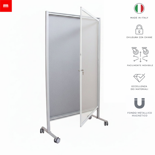 Pannello magnetico mobile con fondo metallico, porta trasparente e ruote, perfetto per ambienti professionali, produzione italiana.
