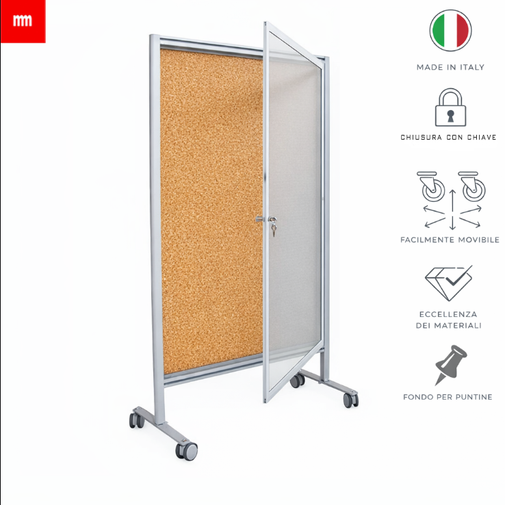 Bacheca mobile in sughero naturale con porta in vetro e ruote, chiusura sicura, design italiano, materiali di eccellenza. Per scuole, uffici, enti pubblici.