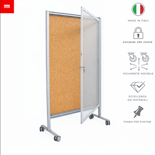 Bacheca mobile in sughero naturale con porta in vetro e ruote, chiusura sicura, design italiano, materiali di eccellenza. Per scuole, uffici, enti pubblici.